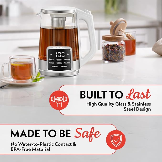 Gourmia Electric Glass Kettle – 1.7L Programmable Tea & Coffee Brewer with Digital Touch Display, 6 Presets, Removable Stainless Steel Infuser, Cordless with 360° Swivel Base, White