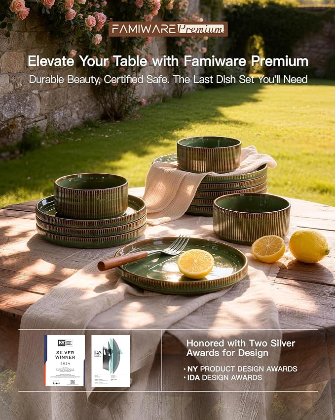 Stoneware Dinnerware Sets, Reactive Glaze Dishes Set for 8 | 24-Piece Handmade Ceramic Plates and Bowls, Microwave & Dishwasher Safe, Chip & Scratch Resistant, Modern Rustic, Moss Green