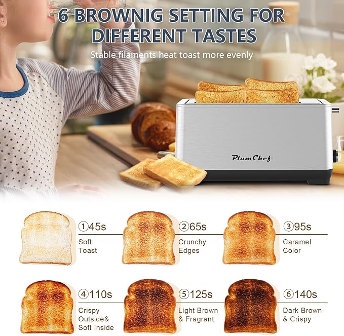 Plum chef 4-Slice Toaster, Extra Wide Long SIot Toaster, 6 Browning Settings, Bagel/Defrost/Reheat Functions, Removable Crumb Tray, Stainless Steel Housing 135oW (Stainless Steel)