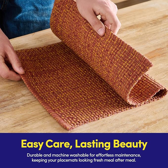 Sweet Home Collection 100% Cotton Placemats for Dining Room Rectangle Two Tone Woven Fabric 13" x 19" Soft Durable Table Mat Set, Set of 6, Rust