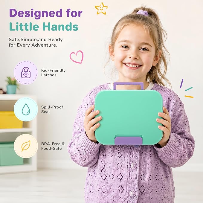 Bento Lunch Box for Kids, 3 Compartment 304 Stainless Steel Food Container with Handle & Spork, Kids Lunch Box Fits Ice Pack, BPA-Free, Green