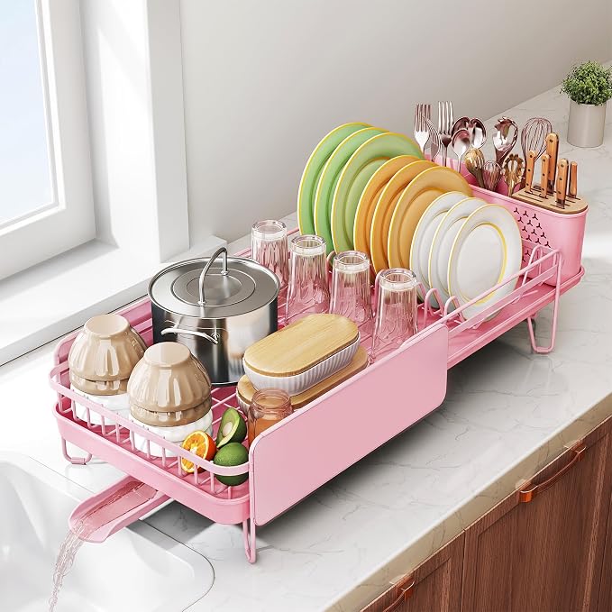 SNTD Large Dish Drying Rack for Kitchen Counter, Expandable, Pink | Stainless Steel Dish Drainer, Adjustable Length 18.9''-29.3'', Automatic Drainage, 360° Spout, Cutlery Holder with Knife Slot