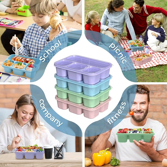 KHOXU Snackle Box Container, 4-Compartment Bento Lunch Box for Kids Women Men Adults, 44Oz/1300ML Meal Prep Boxes Reusable with 2 Sauce Containers & Utensils, 4 Pack (Wheat)