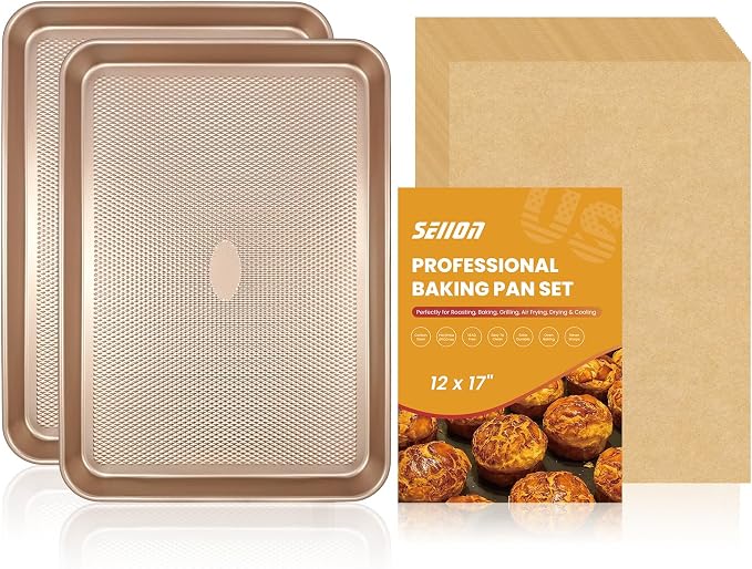 2-Pack Heavy Duty Baking Sheets with 250 Pre-Cut Parchment Papers | 17.5"x11.8" Nonstick Carbon Steel Cookie Sheets for Oven | Warp-Resistant Half Sheet Pans for Meal Prep & Roasting