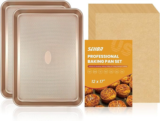 2-Pack Heavy Duty Baking Sheets with 250 Pre-Cut Parchment Papers | 17.5"x11.8" Nonstick Carbon Steel Cookie Sheets for Oven | Warp-Resistant Half Sheet Pans for Meal Prep & Roasting