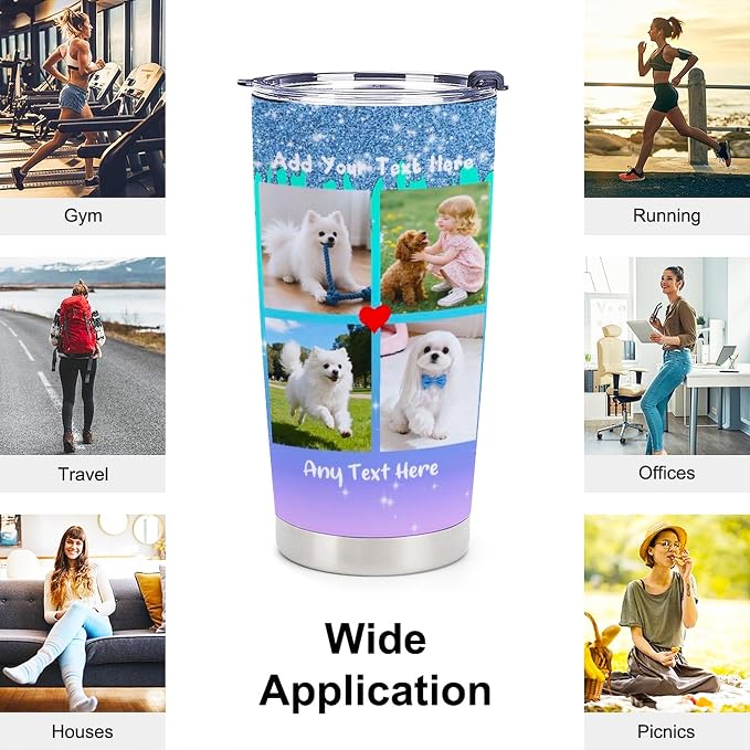 Personalized Tumbler Custom Vacuum Insulated Travel Mug Customizable Coffee Cup with Your Photos and Text Christmas Birthday Gift (4 Photos+Text)