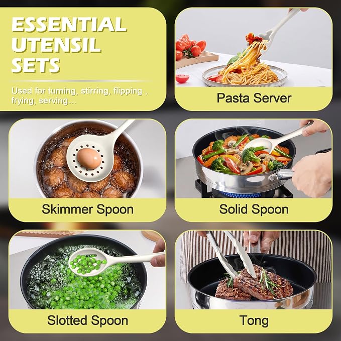 Homikit Kitchen Utensils Set, 15pcs Silicone Cooking Utensil with Holder | Heat Resistant Spatula Set include Turner for Nonstick Cookware, Useful Kitchen Gadgets & Pots and Pans Accessories, White