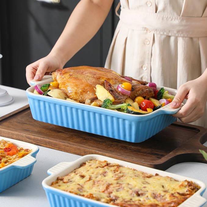 MALACASA Casserole Dishes for Oven, Ceramic Bakeware Set of 4, Blue | Deep Lasagna Pans for Versatile Use, Durable Bakeware for Roasting Vegetable, Gift Set, Dishwasher Safe(9.4/11.1/12.2/14.7")