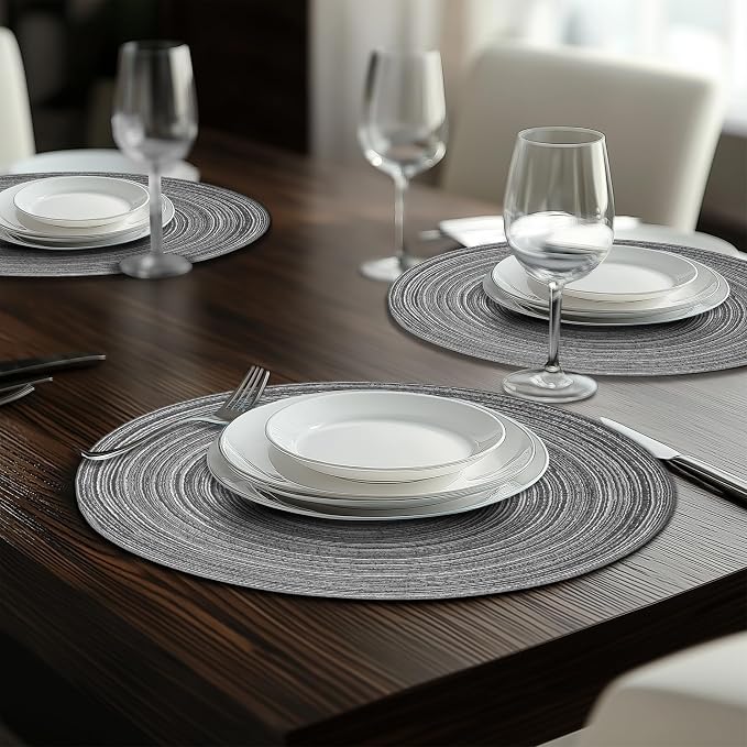 MIAOMIAO Round Placemats Set of 6 Woven Braided Place Mats(Beige) | 14.5 Inch Cotton Polyester Braided Dining Table Decor Mats Protecting Your Table from Spills & Stains Heat Resistant