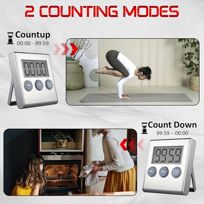 Digital Kitchen Timer with Loud 80dB Alarm & Large Display | Magnetic countdown timer with adjustable stand, auto memory, stopwatch feature for cooking, classroom, study, kids - Silver