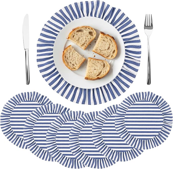 Set of 6 Blue and White Placemats Round Costal Striped Ruffled Table Placemats 15 Inch Cloth Vintage Farmhouse Boho Circle Mat for Summer Birthday Beach Party Table Decorations