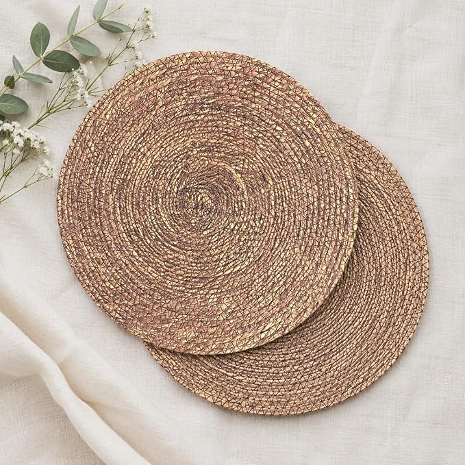13.8" Set of 8 Brown Seagrass Woven Round Placemats - Wicker Boho Farmhouse Placemats - Rattan Table Mats Like Water Hyacinth for Dining Table, Wedding, Home (Brown Seagrass)