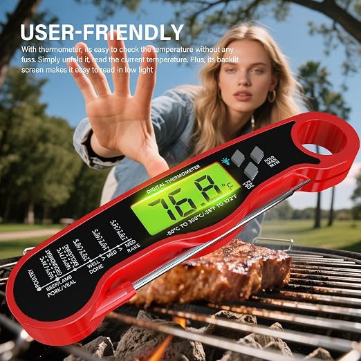 AWLKIM Meat Thermometer Digital, Instant Read Food Thermometer, Red | Waterproof cooking thermometer with doneness chart, backlight, F/C switch for BBQ, candy, oil