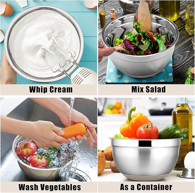 P&P CHEF Stainless Steel Mixing Bowls With Lids, Set of 6, Khaki | Salad Nesting Mixing Bowls & Fitting Lids & Non-Slip Silicone Bottom, Ideal for Mixing, Storing, Size 0.7/1/1.5/2.5/3/4.6 Qt