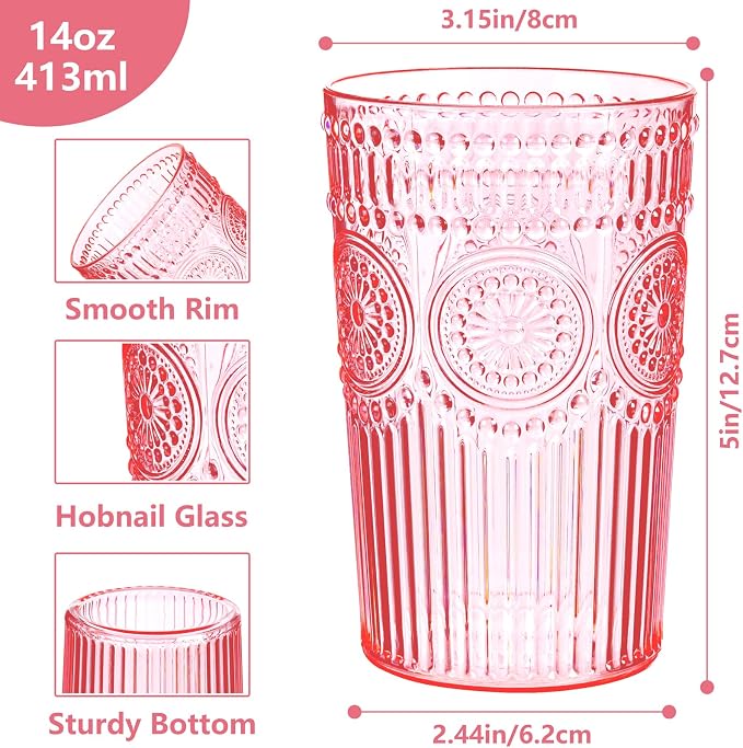 Ciaell 12 Pack Pink Plastic Water Glasses for Parties | 14 oz Pink Embossed Ribbed Vintage Drinking Cups, Heavy Duty Plastic, Beer Juice Cocktails for Weddings Outdoor Brunch