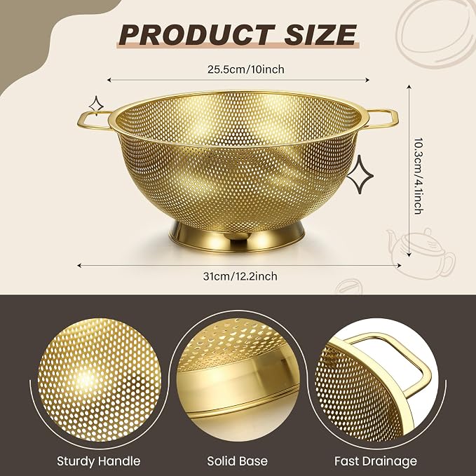 Norme 4 Quart Stainless Steel Gold Colander and 3 Pcs Gold Fine Mesh Strainer, Stainless Steel Pasta Rice Food Metal Strainer with Handles, Easy Clean and Dishwasher Safe