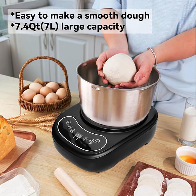 7L Electric Dough Mixer for Bread and Pizza Dough, Dough Maker Featuring a Ferment Function.304 Stainless Steel Whisk and a Top Small Window for Easy Add Water and Seasoning(Black）