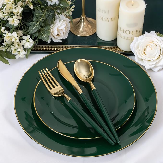 DaYammi 150Pcs Green Plastic Plates with Gold Rim,Gold and Green Disposable Plates with Cutlery Included 30 Dinner Plate,30 Dessert Plate,30 Knives,30 Forks,30 Spoon, green plates for Party Dinner