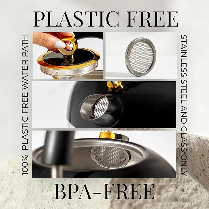 Styled Settings Glass Electric Kettle No Plastic, Black and Gold | 1500W Fast Hot Water Boiler with Temperature Control for Coffee and Tea - Stylish Stainless Steel Kettle, Automatic Shut-Off