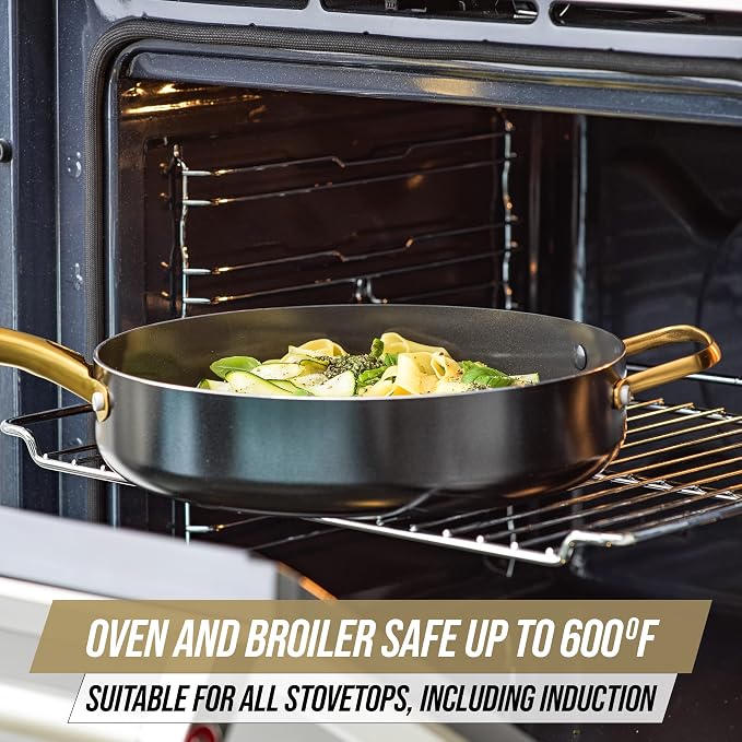 Blue Diamond 4QT Saute Pan with Lid, Non Toxic Induction PFAS-Free Diamond Ceramic Nonstick, Dishwasher & Oven Safe, Metal Utensil Safe, Gold Handle & Helper Handle, Jumbo Skillet, Glass Lid, Black