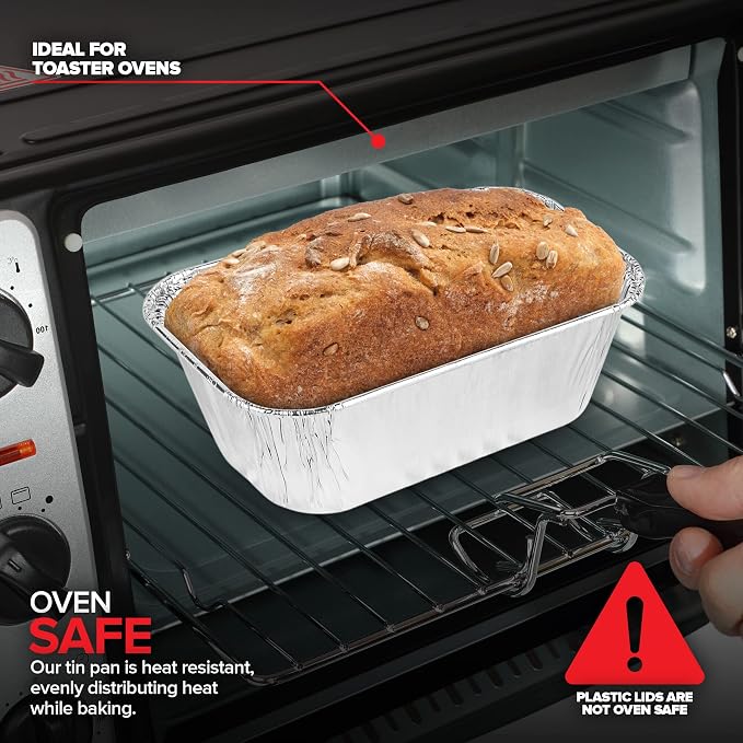 Stock Your Home Disposable Aluminum Mini Loaf Pans with Lids, 1 lb (50 Pack) New & Improved Plastic Dome Lid Foil Baking Tins, Tin Pans for Cake, Bread, Holiday Baked Goods Packaging