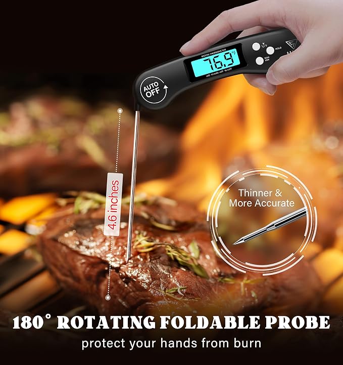 DOQAUS Digital Meat Thermometer, Instant Read Food Thermometer for Cooking | Backlit & Auto-Rotating Display, 4.6” Probe Perfect for Grilling, Baking, and BBQ Gift for Dad Men - Black
