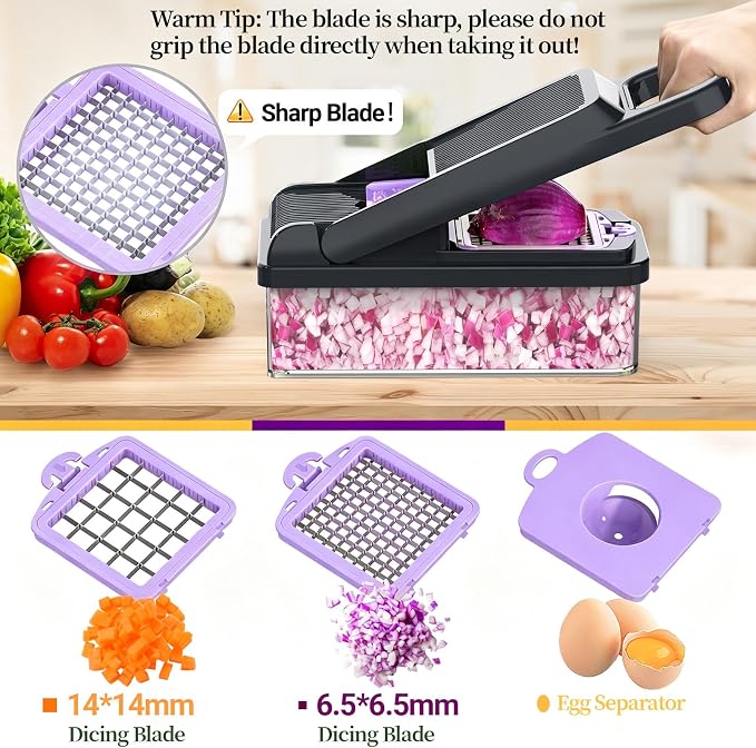 12-in-1 Vegetable Chopper 7 Blades, Veggie Cutter with Handle, Black/Purple | Stainless Steel Blades, Food Container and Lid, Dicer, Slicer, Julienne, Egg Separator, Non-slip Base, Include Cleaning Tools