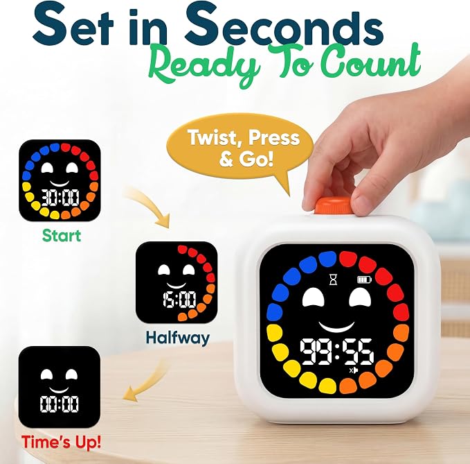 Digital Visual Timer for Kids - Calmer Routines & Transitions | Silent, Rechargeable, 99-Min Clock, Alarm, Countdown & Count-up; For Classroom, Home & Therapy - Builds Focus & Independence