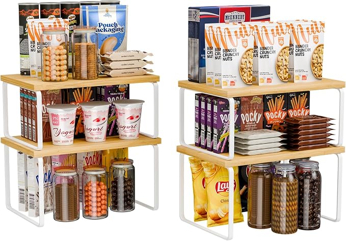 Ekisemio Kitchen Cabinet Organizer, Bamboo Spice Rack Organizer for Cabinet, Stackable & Expandable Counter Shelves, Set of 4, White and Natural
