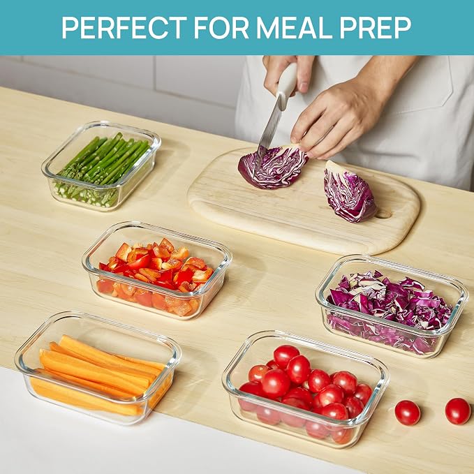 Vtopmart 5Pack 22oz Glass Storage Containers with Lids, Pink | Glass Meal Prep Food Container Sets, Snap Airtight Lid, For Microwave, Oven, Freezer and Dishwasher, BPA Free