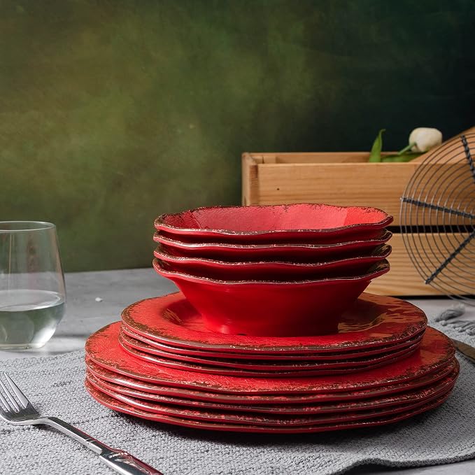 LEHAHA Farmhouse Plates and bowls set, 12 Piece Christmas Melamine Dinnerware Sets for 4,Lightweight and Unbreakable Dishes Set,Perfect for Indoor and Outdoor and Picnic use. Red