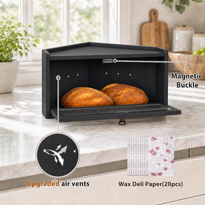 Sunhoo Bread Box for Kitchen Countertop Wooden Corner Breadbox Counter Food Storage Bin Container Farmhouse Rustic Homemade Bread Fresh Keeper Organizer Holder Vintage Stackable with Window (Black)