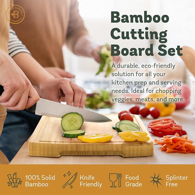 Bamboo Cutting Boards for Kitchen, Non Toxic Wooden Chopping Board Meat Set | Deep Juice Groove, Knife-Friendly, Reversible Butcher Block, Side Handles, Serving, Food Prep, Vegetable, Fruit, Meat, Cheese