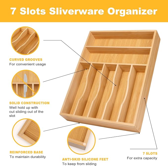 Kitchen Bamboo Silverware Organizer, Kitchen Drawer Organizer - Utensil Holder and Cutlery Tray with Grooved Drawer Dividers for Flatware 7 Slot, Natural