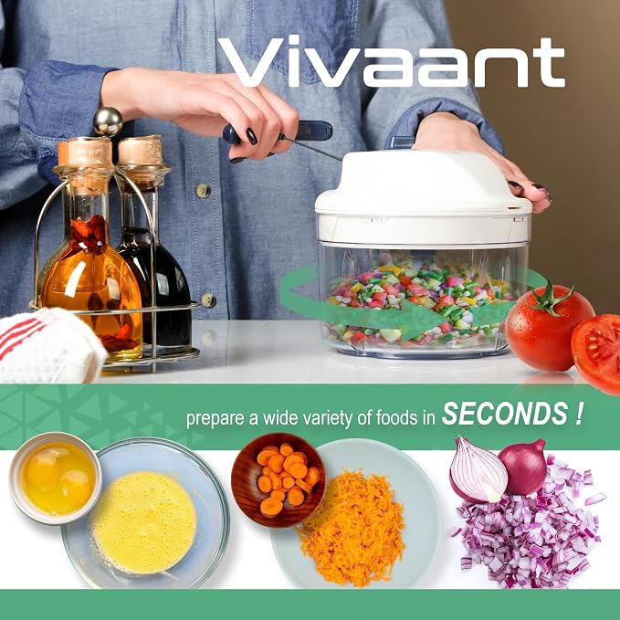 Vivaant Hand Pull Manual Food Chopper, Onion Chopper Vegetable Cutter Dicer | Nut & Garlic Chopper for Kitchen, 2 Speed Stainless Blades, Small Hand Held Vegetable Dicer with Whisk Attachment