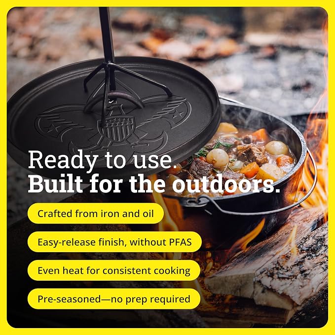 Lodge Seasoned Cast Iron Camp Dutch Oven with Lid - 6 Quart - Dual Handles - Seasoned Cast Iron Cookware with Steel Handle & Strong Lid for Heavy-Duty Camping Cookware - Boy Scouts of America