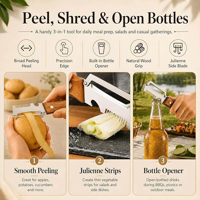 2026 upgrade 3-in-1 Vegetable Peeler with Wooden Handle, Stainless Steel Julienne Peeler and Scallion Shredder with Bottle Opener, Multi-Function Kitchen Peeler for Everyday Prep（1PCS)
