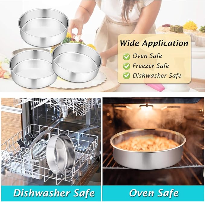 P&P CHEF 9.5 Inch Round Cake Pan Set of 3, Stainless Steel Baking Cake Pans | Round Baking Cake Pan Bakeware for Layer Birthday Cake, Fit Oven/Pots/Pressure Cooker, Leakproof & Dishwasher Safe, Silver