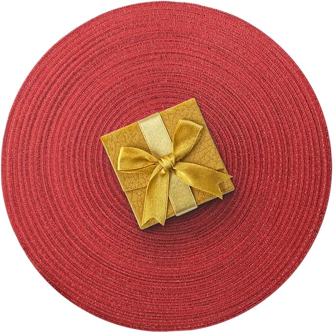 AHHFSMEI Round Braided Placemats Set of 6 Woven Table Mats for Dining Table Heat Resistant Easy to Clean Perfect for Kitchen & Home Decor (Christmas Red)