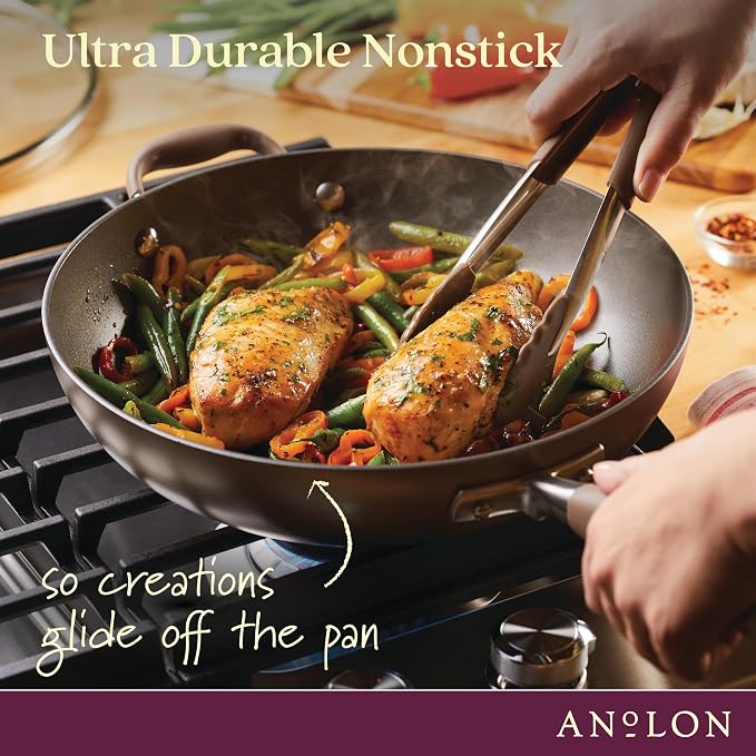 Anolon Advanced Home Hard-Anodized Nonstick Deep Frying Pan with Lid, Saute Pan, 12-Inch, Bronze
