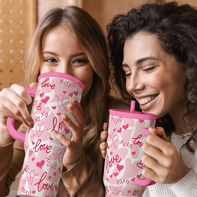 SANDJEST Heart Tumbler with Handle 40oz, Valentines Stainless Steel Insulated Tumblers Coffee Travel Cup with Straw Lid, Gifts for Women Girl