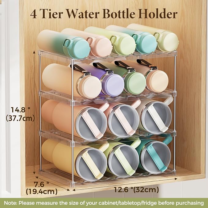 LAMU Stackable Water Bottle Organizer Holder Tumbler Cup Storage Rack | 4 Tier Clear PET Holder for Stanley 16-40oz Large Water Bottle Tumbler Cup Storage for Kitchen Cabinet Pantry Countertop