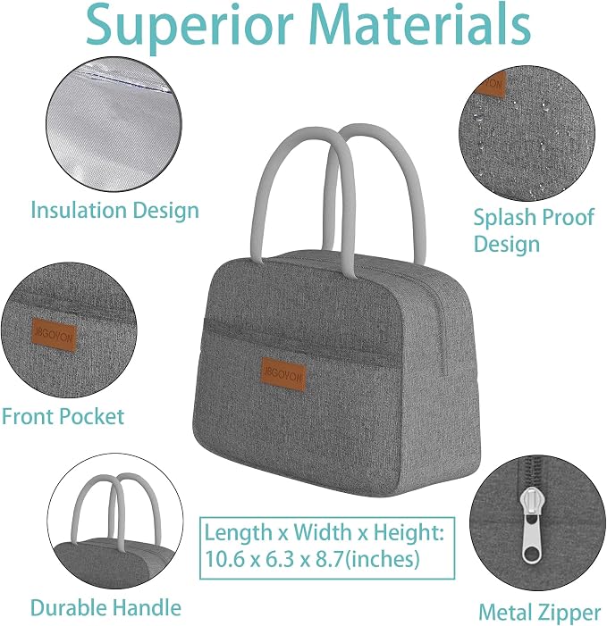 JBGOYON Leakproof Bento Box & Insulated Lunch Bag Set, 4-Piece, Gray/Green | 6-hour thermal retention, includes nested knife fork spoon, 2 reusable snack pouches, designed for adults and kids
