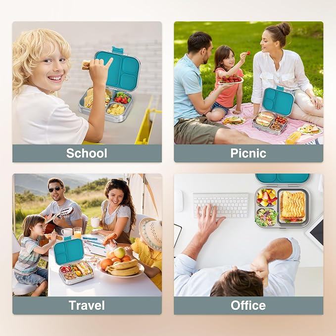 HOMEKOL Stainless Steel Bento Lunch Box 3 Compartments, 3.3 Cups, Blue | for Kids Adults, Leak-Proof Metal Lunch Container for Office School Picnic, BPA-Free, Dishwasher Safe