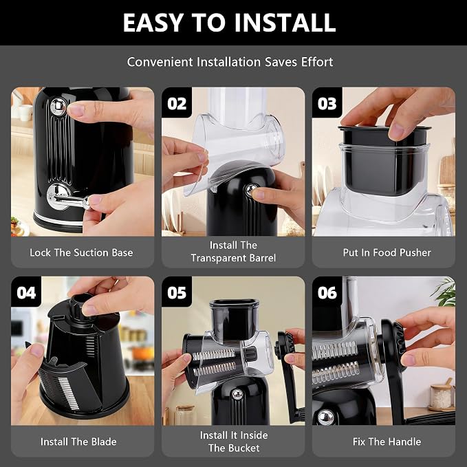 Rotary Cheese Grater with Handle, 5-Blade Cheese Shredder, BPA-Free (Black) | Cheese Grater Hand Crank Slices, Shreds & Grates – Features Strong Suction Base, Stainless-Steel Blades & Easy Clean-Up