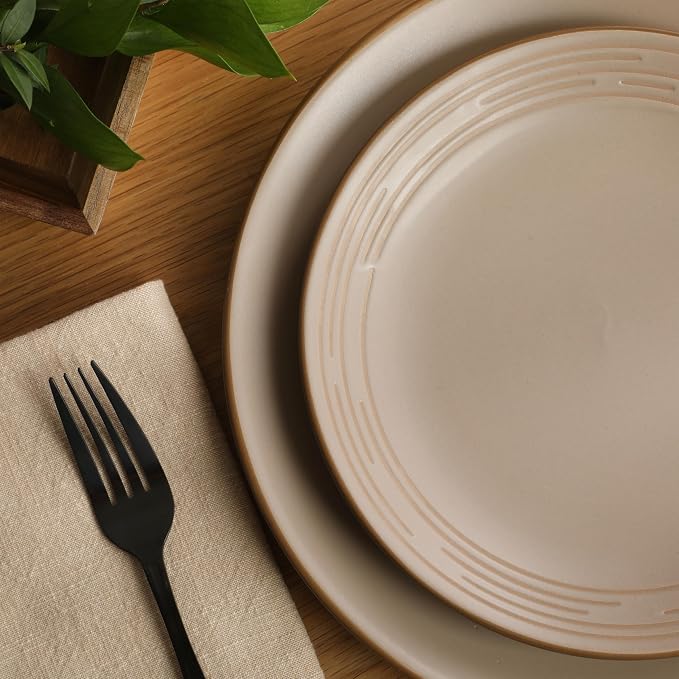 Gibson Home Chiswick House 16-Piece Stoneware Dinnerware Set, Round Plates and Bowls Set for 4, Beige with Wax Relief Embossed Rim Detail, Dishwasher Safe – Dinner Plate, Salad Plate & Cereal Bowl