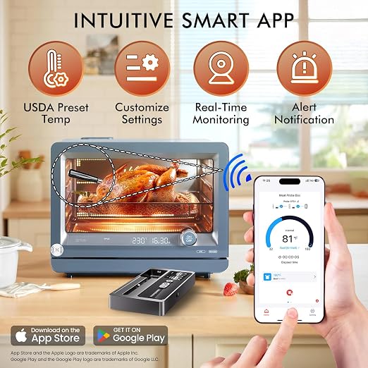 Wireless Meat Thermometer: 500FT Bluetooth Smart Meat Thermometer for Cooking and Grilling, CaloriMastery Digital Food Thermometer with Ultra-Thin Probe for Oven Safe, Kitchen, Smoker, BBQ