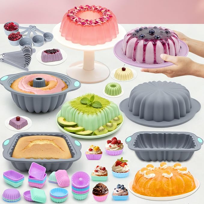 69 Pieces Silicone Baking Set, Non-Stick Bakeware Set with Cake Pans, Muffin Cups, Food Grade Silicone Baking Molds for Cakes, Bread, Muffins, Brownies, Light Grey
