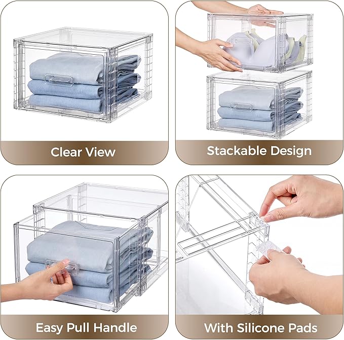 Vtopmart 4 Pack Clear Stackable Closet Storage Drawers 15QT, Medium | Easily Assemble Closet Organizers,Plastic Storage Bins for Bathroom,Cabinet,Kitchen Pantry,Under Sink Organization
