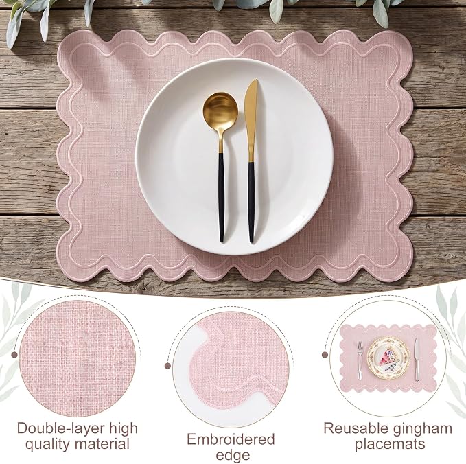 Linen Placemats Set of 12 Scalloped Placemat 13 X19 Wavy Embroidery Double Layered Washable Farmhouse Dinner Fabric Table Mat Napkin for Wedding Party Restaurant(Regular,Boho Colors)